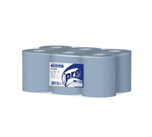 Бумажные полотенца PROtissue Premium 2 слоя, 150 м, без перфорации, синие. 6 рулонов, диаметр втулки 3,8 см, Сяський ЦБК С440