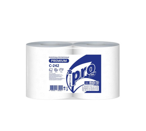 Полотенца PROtissue Premium бумажные протирочные 2 слоя, 175 м, 500 листов (33х35 см), белые. 2 рулона, диаметр втулки 7,6 см Сяський ЦБК С242