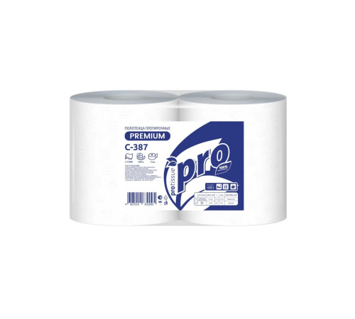 Полотенца PROtissue Premium бумажные протирочные 2 слоя, 350 м, 1000 листов (24х35 см), белые. 2 рулона, диаметр втулки 7,6 см Сяський ЦБК С387