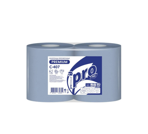 Полотенца PROtissue Premium бумажные протирочные 2 слоя, 350 м, 1000 листов (24х35 см), синие. 2 рулона, диаметр втулки 7,6 см Сяський ЦБК С407