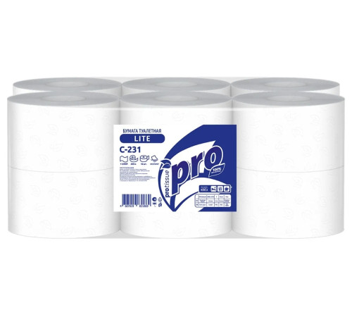 Туалетная бумага PROtissue Lite Instant 1 слой, 12 рулонов, 200 м, без перфорации, белая, втулка 6 см, Сясьский ЦБК С231