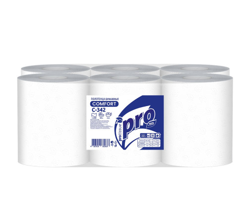 Бумажные полотенца PROtissue Comfort 1 слой, 180 м, без перфорации, белые. 6 рулонов, диаметр втулки 3,8 см, Сяський ЦБК С342