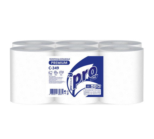 Бумажные полотенца PROtissue Premium 2 слоя, 150 м, без перфорации, лист 20х35 см, белые. 6 рулонов, диаметр втулки 4,4 см, Сяський ЦБК С349