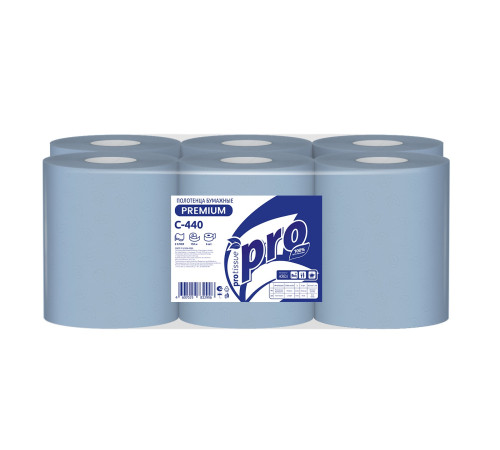 Бумажные полотенца PROtissue Premium 2 слоя, 150 м, без перфорации, синие. 6 рулонов, диаметр втулки 3,8 см, Сяський ЦБК С440