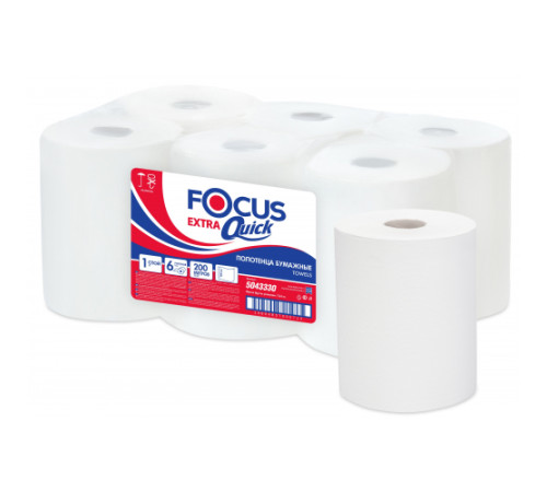 Бумажные полотенца Focus Extra Quick, 1 слой, 200м, втулка 5см, 6 рулонов, белые