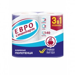 Бумажные полотенца "ЕВРО Стандарт 3 в 1", 2 слоя, Мега упаковка, белые. 2 рулона
