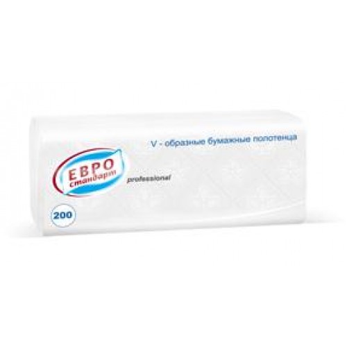 Бумажные полотенца ЕВРО Стандарт V сложения 1-слойные, 20 пач, 200 листов (22x24 см), белые, арт 274467