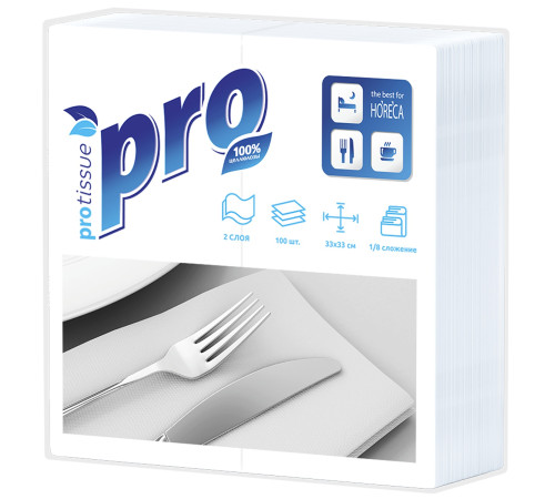 Салфетки бумажные PROtissue Premium, 2 слоя, 1/8 сложения, 33х33 см, 100 листов, белые, 24 пачки в упаковке, Сясьский ЦБК С233