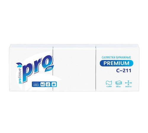 Салфетки бумажные PROtissue Comfort, 1 слой, 23х23 см, 500 листов, белые, 10 пачек в упаковке, Сясьский ЦБК С211