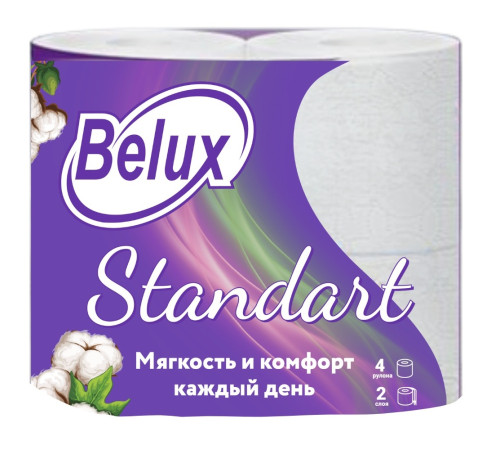 Туалетная бумага Belux Standart 2 слоя, 4 рулона, 14 м, 120 листов (11.5x9.1 см), белая Семья и комфорт 274419