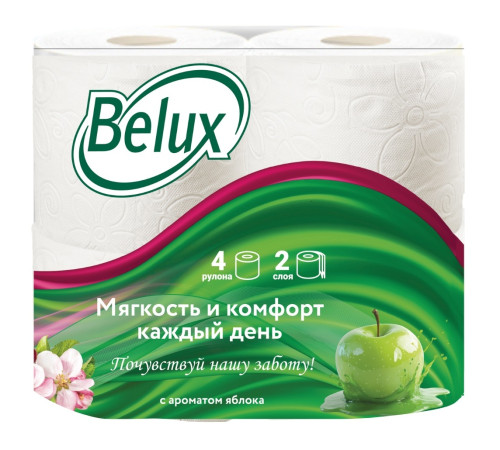 Туалетная бумага Belux с ароматом яблока 2 слоя, 4 рулона, 19 м, 160 листов (11.5x9.5 см), белая Семья и комфорт 902