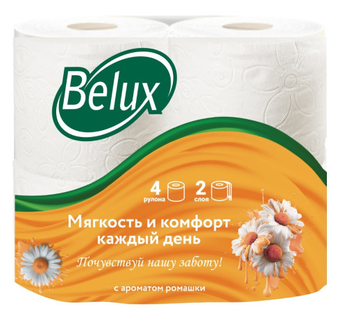Туалетная бумага Belux с ароматом ромашки 2 слоя, 4 рулона, 19 м, 160 листов (11.5x9.5 см), белая Семья и комфорт 903