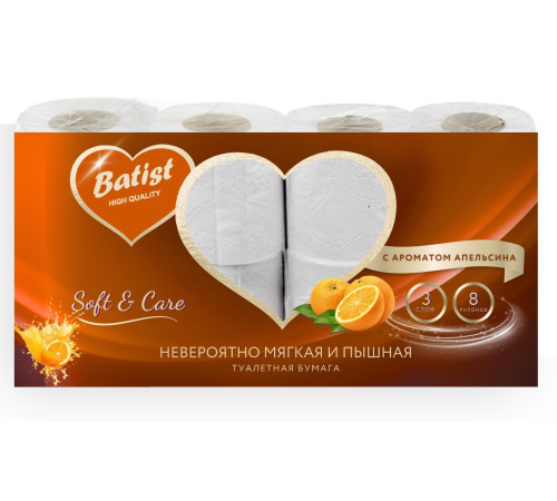 Туалетная бумага Batist с ароматом апельсина 3 слоя, 8 рулонов, 20 м, 170 листов (11.5x9.5 см), белая Семья и комфорт 274192
