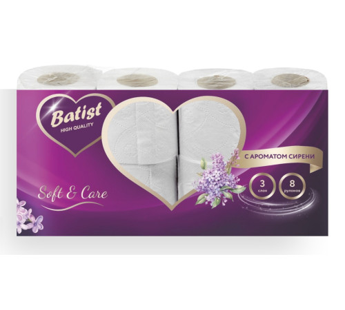 Туалетная бумага Batist с ароматом сирени 3 слоя, 8 рулонов, 20 м, 170 листов (11.5x9.5 см), белая Семья и комфорт 274193
