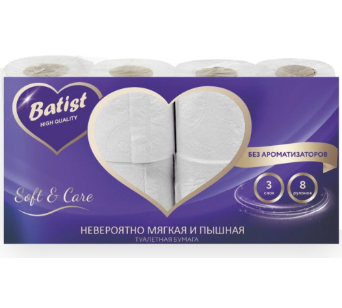 Туалетная бумага Batist 3 слоя, 20 м, 170 листов (11.5x9.5 см), 8 рулонов, белая, 1/6 Туалетная бумага Batist 3 слоя, 20 м, 170 листов (11.5x9.5 см), 8 рулонов, белая, 1/6