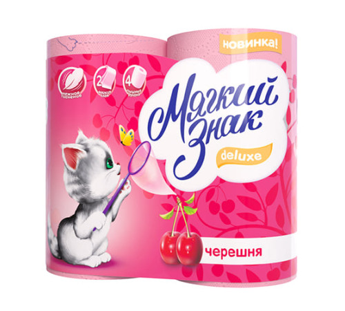 Туалетная бумага Мягкий знак Deluxe 4 Aroma Черешня 2 слоя, 4 рулона, 160 листов, розовая пастель Сясьский ЦБК C117