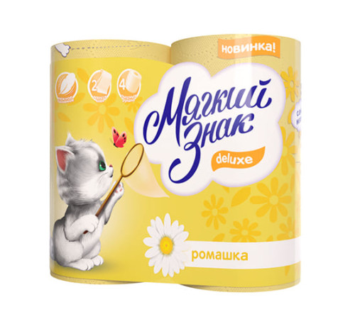 Туалетная бумага Мягкий знак Aroma Ромашка 2 слоя, 4 рулона, 160 листов, желтый Сясьский ЦБК C35