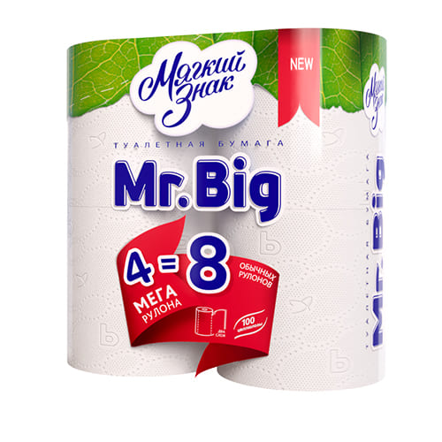 Туалетная бумага Мягкий знак Mr. BIG 2-х слойная, 4 рулона, 320 листов, белая, арт C118
