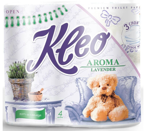 Туалетная бумага Kleo Aroma Лаванда 3 слоя, 4 рулона, 168 листов, белая Сясьский ЦБК C6 Туалетная бумага Kleo Aroma Лаванда 3 слоя, 4 рулона, 168 листов, белая Сясьский ЦБК C6