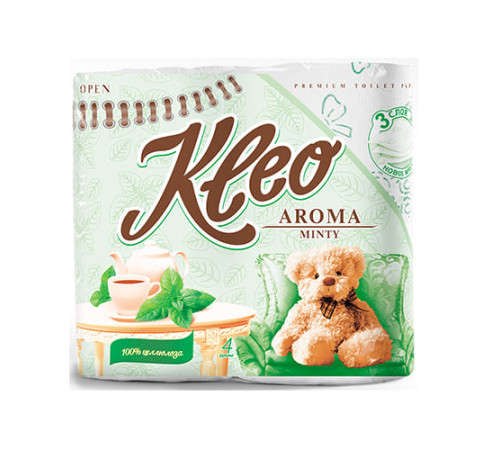 Туалетная бумага Kleo Aroma Мята 3 слоя, 4 рулона, 168 листов, зеленый Сясьский ЦБК C93