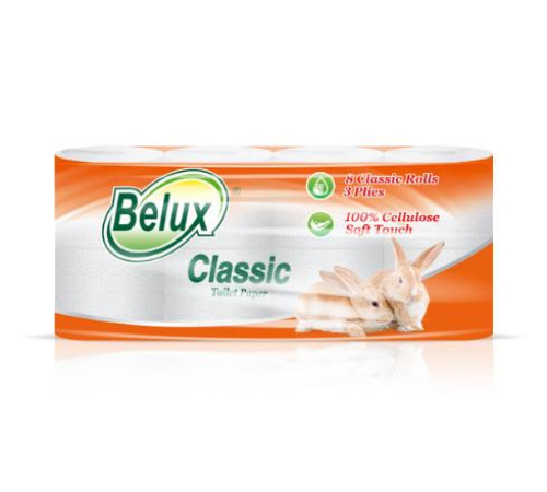 Туалетная бумага Belux Classic 3-х слойная, 8 рулонов, 15 м, 130 листов (11.5x9.5 см), белая Семья и комфорт 274418