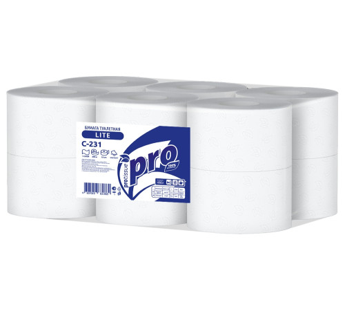 Туалетная бумага PROtissue Lite Instant 1 слой, 12 рулонов, 200 м, без перфорации, белая, втулка 6 см, Сясьский ЦБК С231