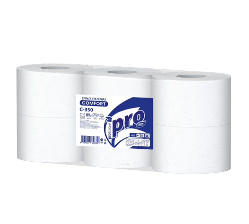 Туалетная бумага PROtissue Comfort 1 слой, 6 рулонов, 525 м, без перфорации, белая, втулка 6 см, Сясьский ЦБК С350