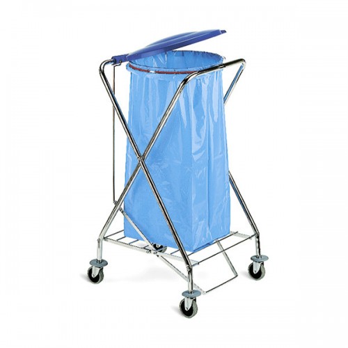Тележка для мусора гостиничная круглая хромированная складная, с 2 колесами, с педалью и синей крышкой, 120 л, Dust TTS 4020