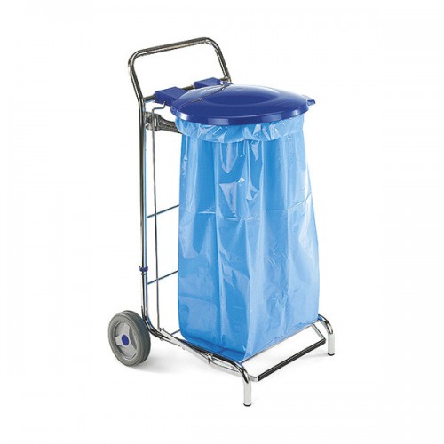 Тележка для мусора гостиничная круглая хромированная складная, с 2 колесами, с педалью и синей крышкой, для наружного использования, 120 л, Dust TTS 4100
