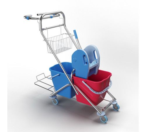 Тележка уборочная двухведерная 2х25л, нержавеющая сталь, отжим Econom, держатель для мешка с корзинкой 