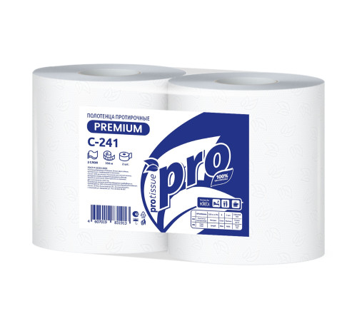Полотенца PROtissue Premium бумажные протирочные 2 слоя, 350 м, 1000 листов (33х35 см), белые. 2 рулона, диаметр втулки 7,6 см Сяський ЦБК С241
